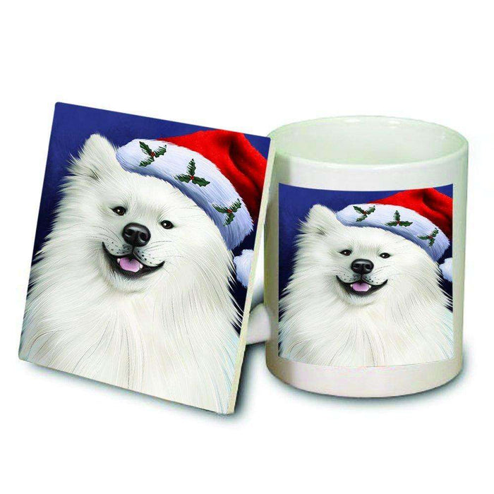 Christmas American Eskimo Dog Holiday Portrait with Santa Hat Mug and Coaster Set
