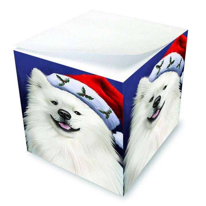 Christmas American Eskimo Dog Holiday Portrait with Santa Hat Note Cube D002