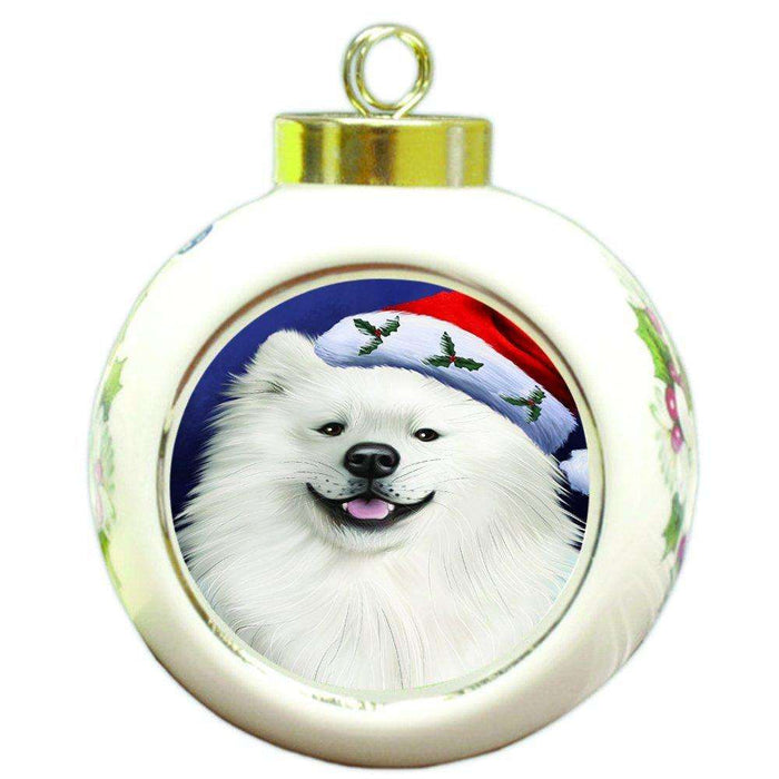 Christmas American Eskimo Dog Holiday Portrait with Santa Hat Round Ball Ornament D006