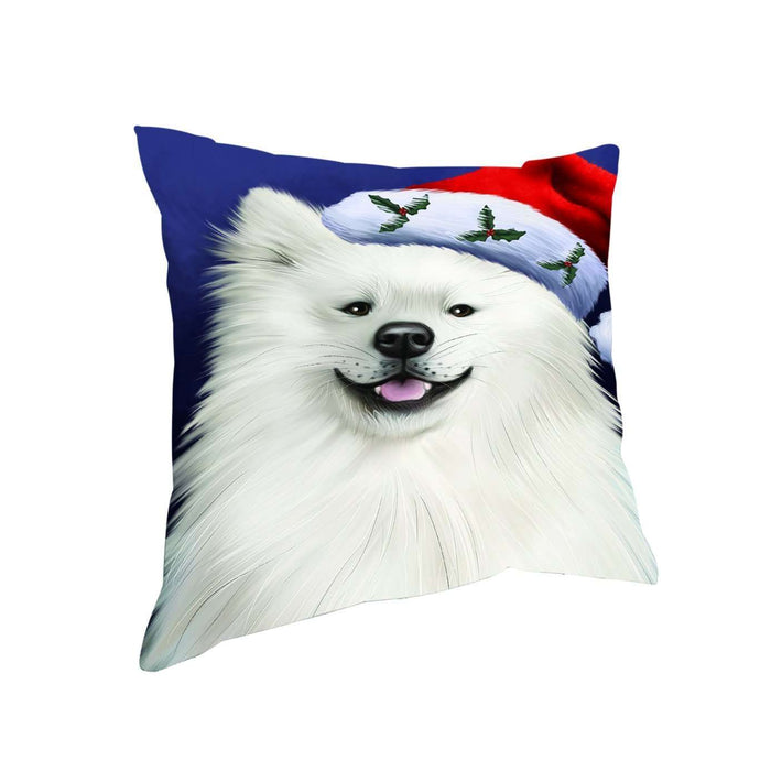 Christmas American Eskimo Dog Holiday Portrait with Santa Hat Throw Pillow