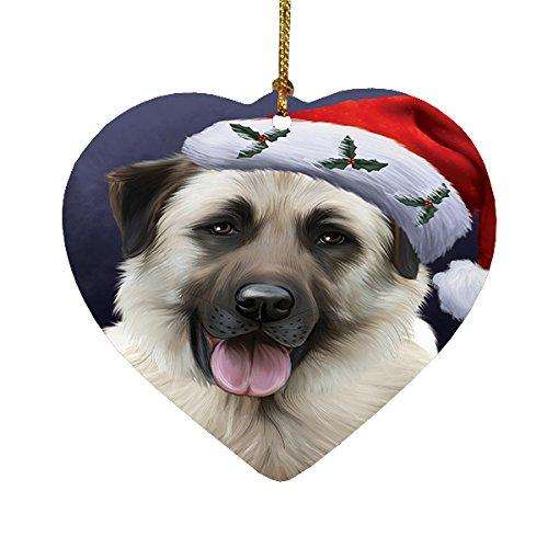 Christmas Anatolian Shepherds Dog Holiday Portrait with Santa Hat Heart Ornament