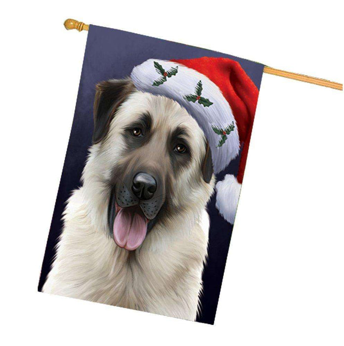 Christmas Anatolian Shepherds Dog Holiday Portrait with Santa Hat House Flag