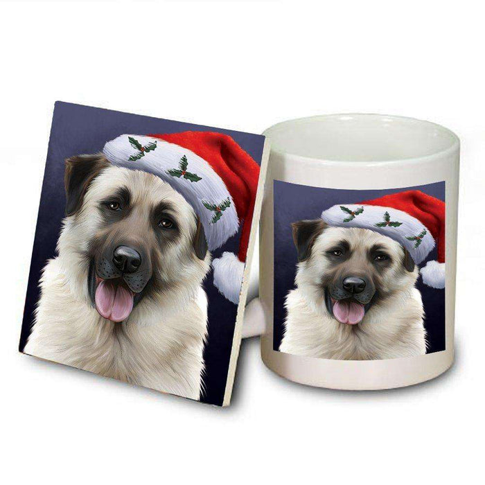 Christmas Anatolian Shepherds Dog Holiday Portrait with Santa Hat Mug and Coaster Set