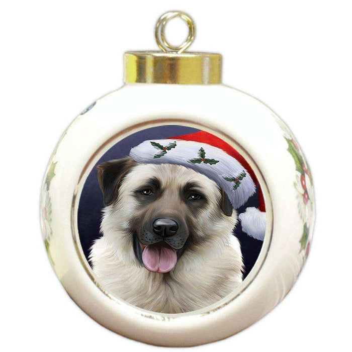 Christmas Anatolian Shepherds Dog Holiday Portrait with Santa Hat Round Ball Ornament