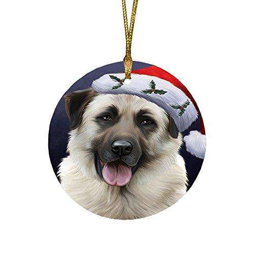 Christmas Anatolian Shepherds Dog Holiday Portrait with Santa Hat Round Ornament