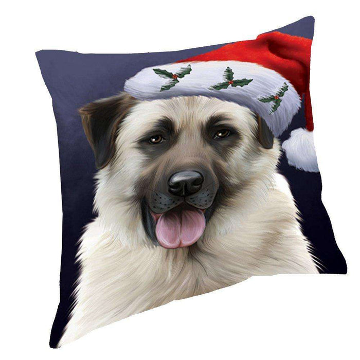 Christmas Anatolian Shepherds Dog Holiday Portrait with Santa Hat Throw Pillow