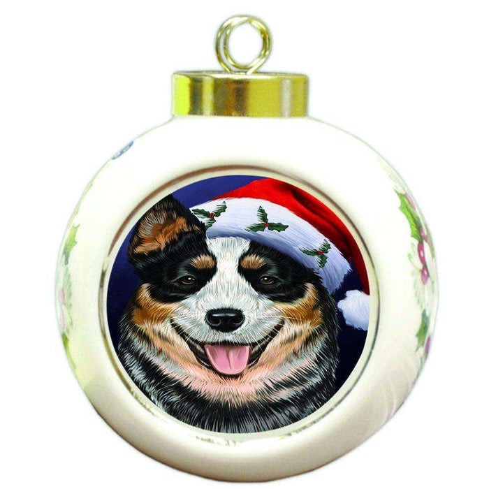 Christmas Australian Cattle Dog Holiday Portrait with Santa Hat Round Ball Ornament D016