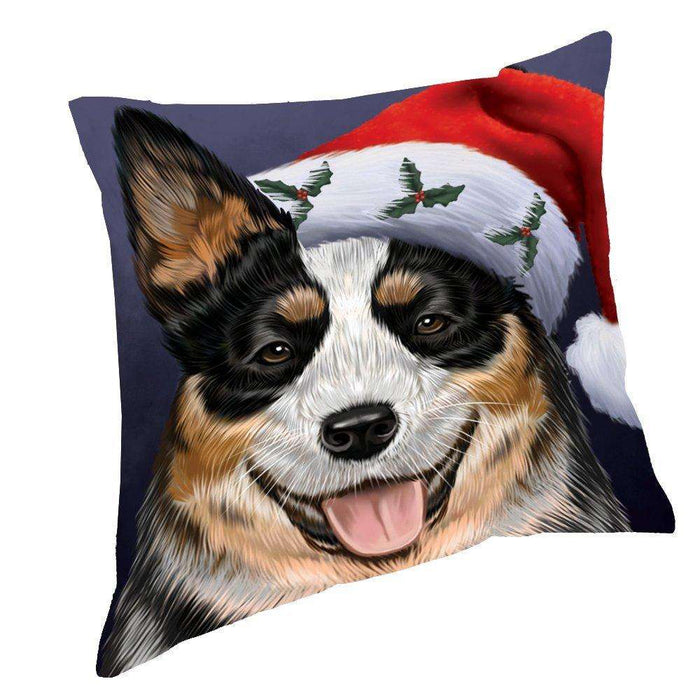Christmas Australian Cattle Dog Holiday Portrait with Santa Hat Throw Pillow