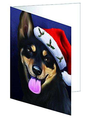 Christmas Australian Kelpies Dog Holiday Portrait with Santa Hat Handmade Artwork Assorted Pets Greeting Cards and Note Cards with Envelopes for All Occasions and Holiday Seasons