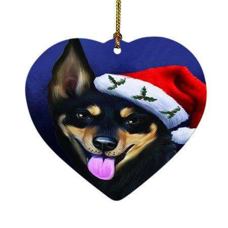 Christmas Australian Kelpies Dog Holiday Portrait with Santa Hat Heart Ornament D007