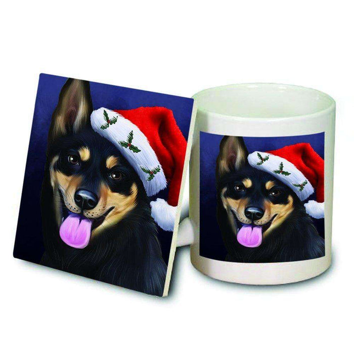 Christmas Australian Kelpies Dog Holiday Portrait with Santa Hat Mug and Coaster Set