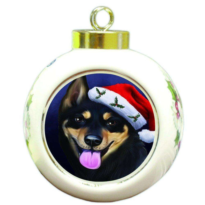 Christmas Australian Kelpies Dog Holiday Portrait with Santa Hat Round Ball Ornament D007