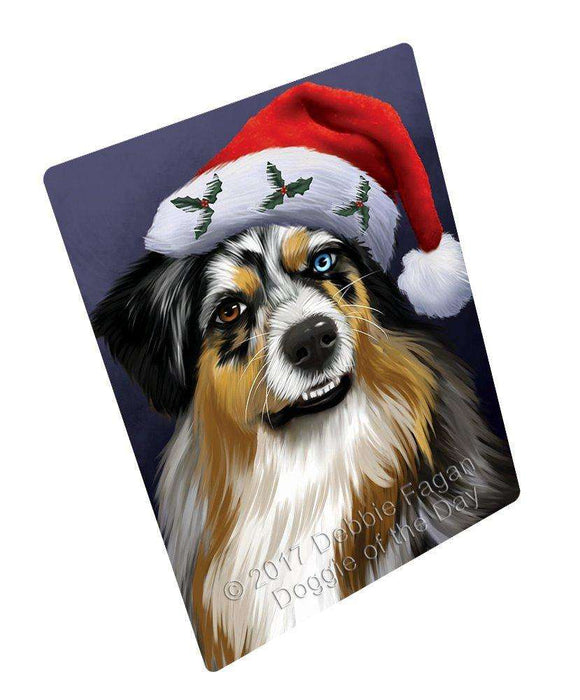 Christmas Australian Shepherd Dog Holiday Portrait with Santa Hat Art Portrait Print Woven Throw Sherpa Plush Fleece Blanket