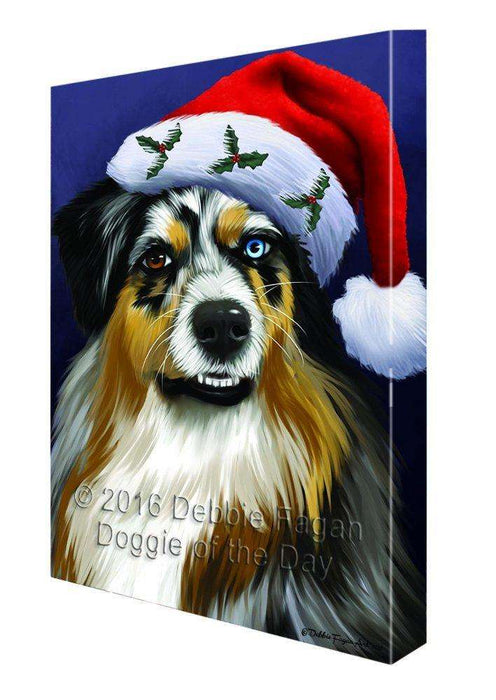Christmas Australian Shepherd Dog Holiday Portrait with Santa Hat Canvas Wall Art D003 (8x10)