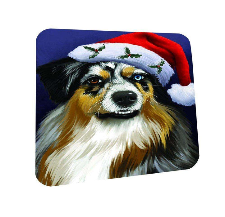 Christmas Australian Shepherd Dog Holiday Portrait with Santa Hat Coasters Set of 4