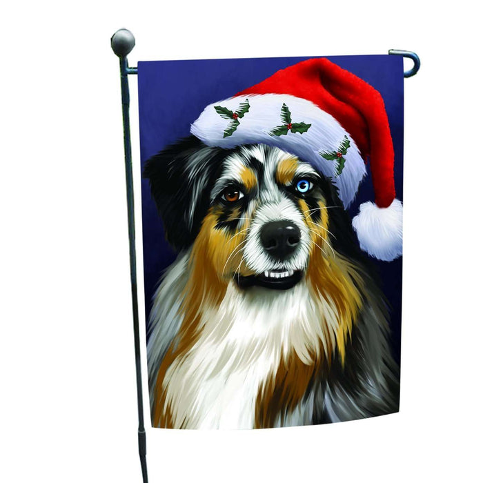 Christmas Australian Shepherd Dog Holiday Portrait with Santa Hat Garden Flag