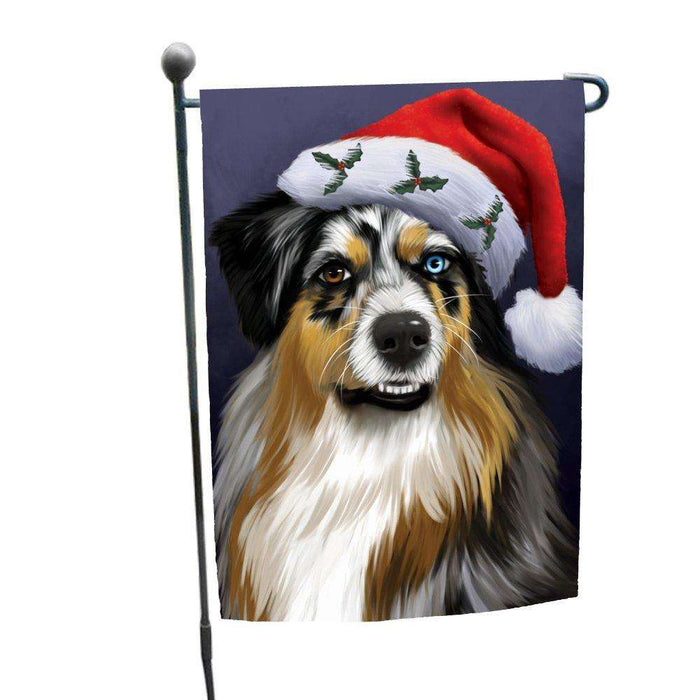 Christmas Australian Shepherd Dog Holiday Portrait with Santa Hat Garden Flag