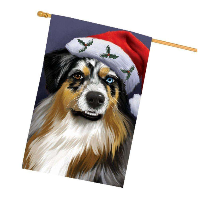 Christmas Australian Shepherd Dog Holiday Portrait with Santa Hat House Flag