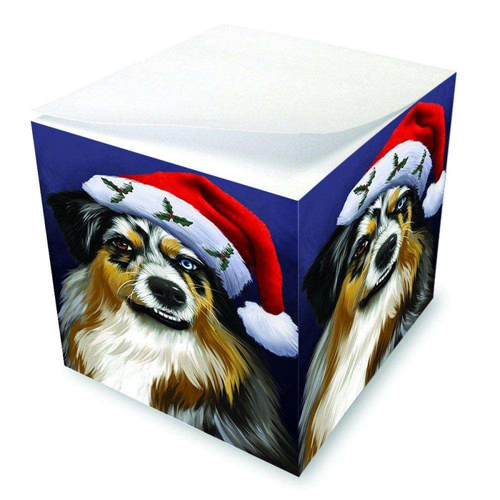 Christmas Australian Shepherd Dog Holiday Portrait with Santa Hat Note Cube D013