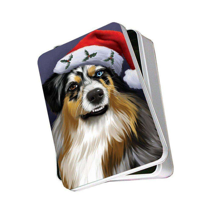 Christmas Australian Shepherd Dog Holiday Portrait with Santa Hat Photo Storage Tin