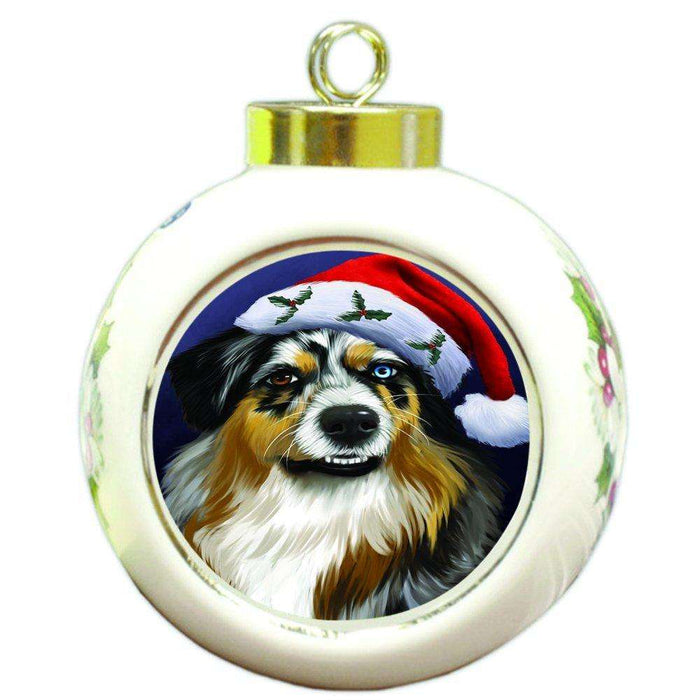 Christmas Australian Shepherd Dog Holiday Portrait with Santa Hat Round Ball Ornament D017