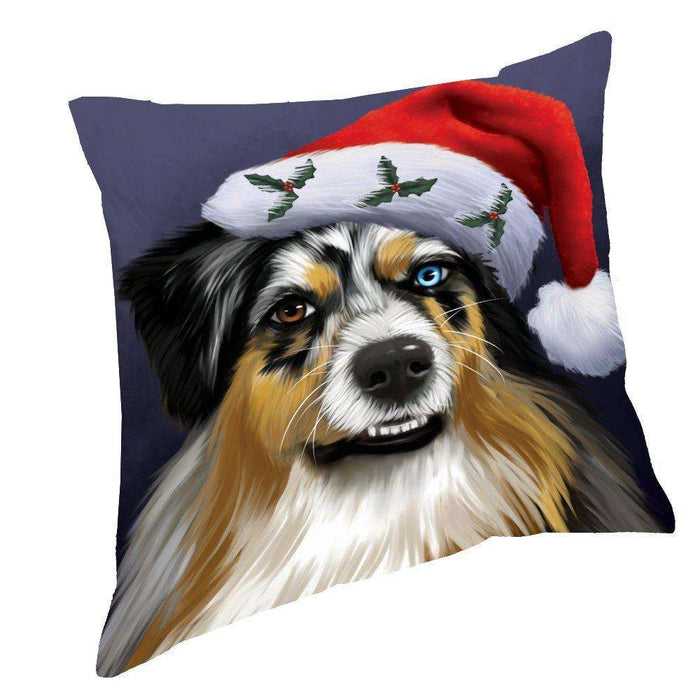 Christmas Australian Shepherd Dog Holiday Portrait with Santa Hat Throw Pillow