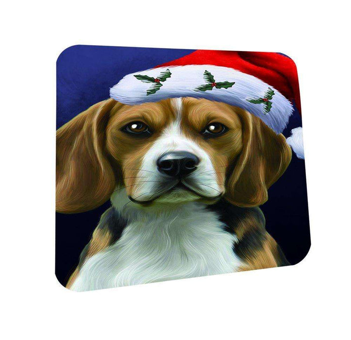 Christmas Beagles Dog Holiday Portrait with Santa Hat Coasters Set of 4