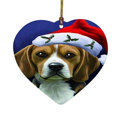 Christmas Beagles Dog Holiday Portrait with Santa Hat Heart Ornament D018