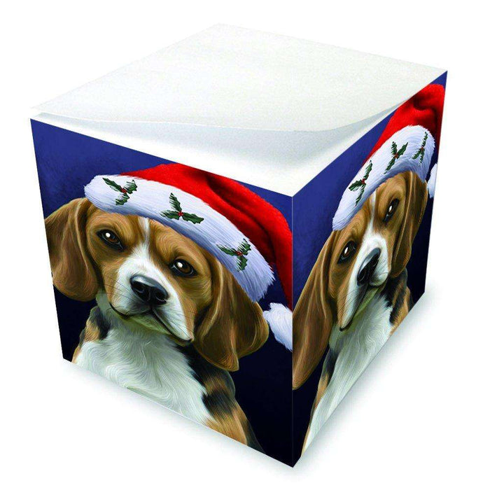 Christmas Beagles Dog Holiday Portrait with Santa Hat Note Cube D014