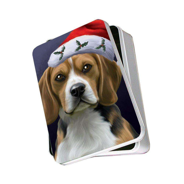 Christmas Beagles Dog Holiday Portrait with Santa Hat Photo Storage Tin