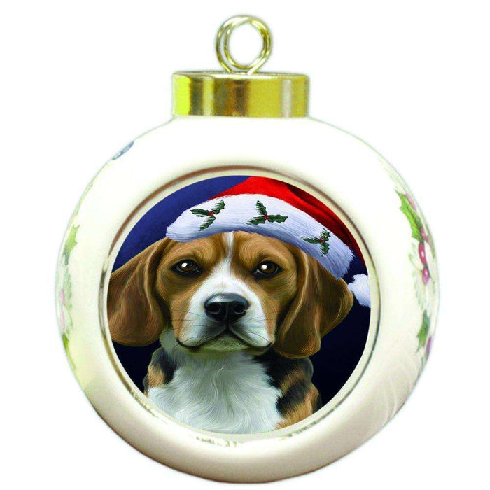 Christmas Beagles Dog Holiday Portrait with Santa Hat Round Ball Ornament D018