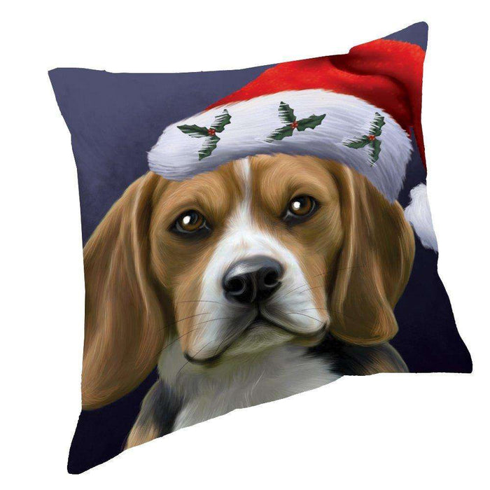 Christmas Beagles Dog Holiday Portrait with Santa Hat Throw Pillow