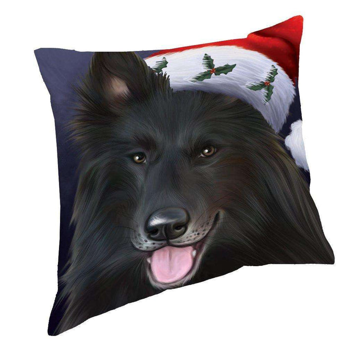 Christmas Belgian Shepherds Dog Holiday Portrait with Santa Hat Throw Pillow