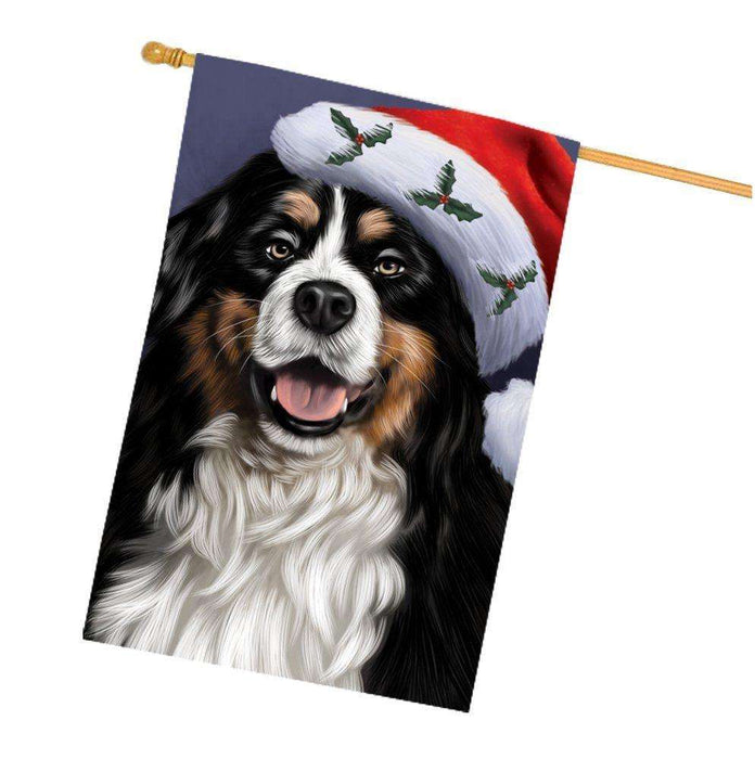 Christmas Bernese Dog Holiday Portrait with Santa Hat House Flag