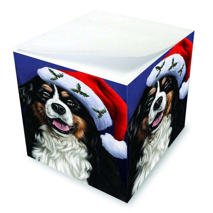 Christmas Bernese Dog Holiday Portrait with Santa Hat Note Cube D016