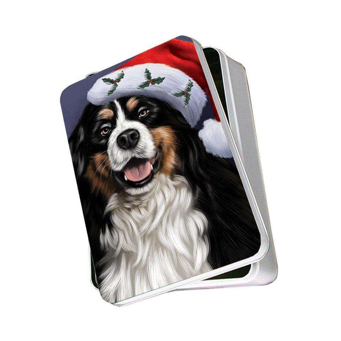 Christmas Bernese Dog Holiday Portrait with Santa Hat Photo Storage Tin