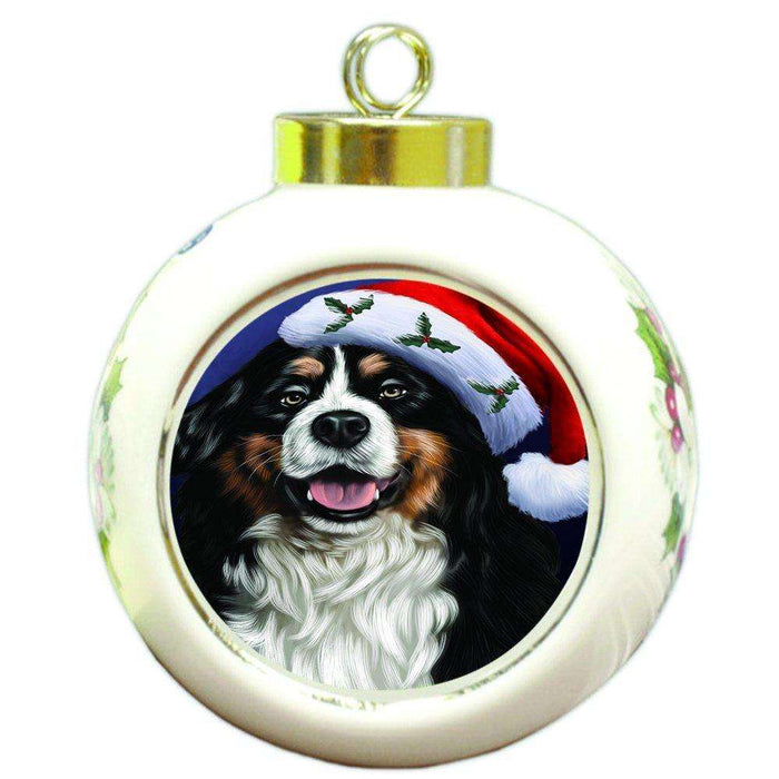 Christmas Bernese Dog Holiday Portrait with Santa Hat Round Ball Ornament D020