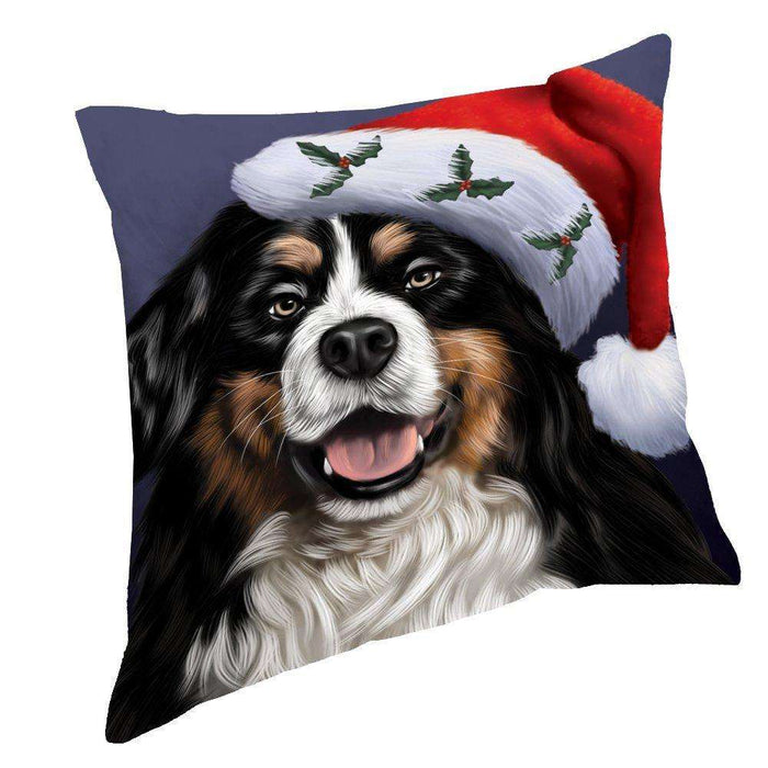 Christmas Bernese Dog Holiday Portrait with Santa Hat Throw Pillow