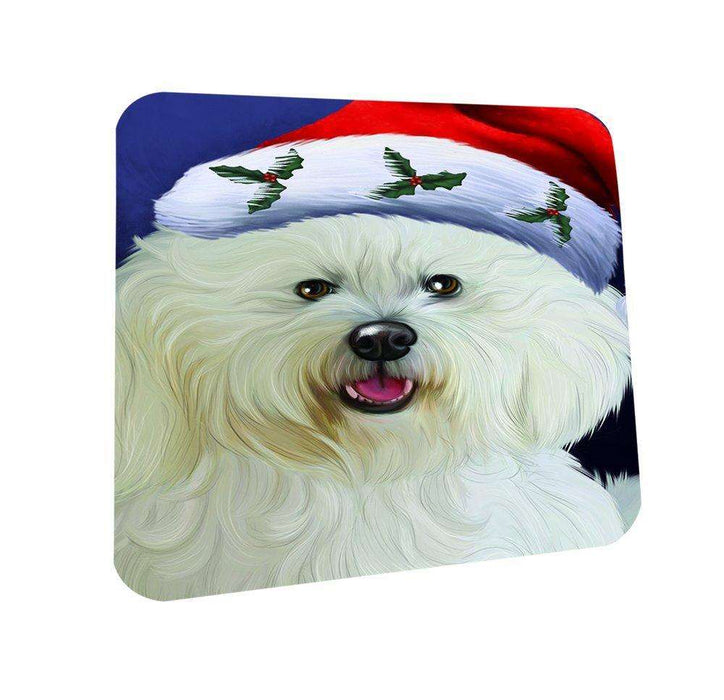 Christmas Bichon Dog Holiday Portrait with Santa Hat Coasters Set of 4
