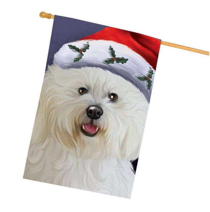 Christmas Bichon Dog Holiday Portrait with Santa Hat House Flag
