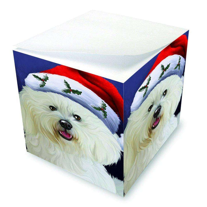Christmas Bichon Dog Holiday Portrait with Santa Hat Note Cube D017