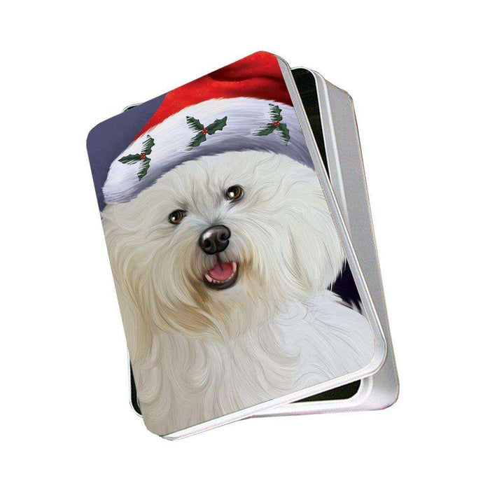 Christmas Bichon Dog Holiday Portrait with Santa Hat Photo Storage Tin