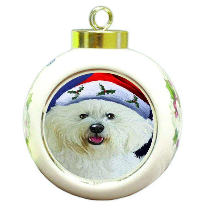 Christmas Bichon Dog Holiday Portrait with Santa Hat Round Ball Ornament D021