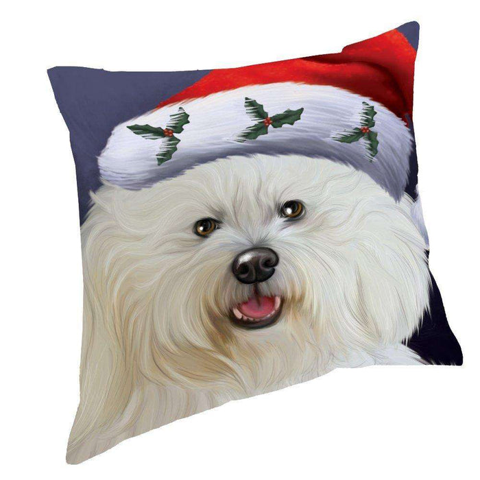 Christmas Bichon Dog Holiday Portrait with Santa Hat Throw Pillow