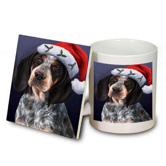 Christmas Bluetick Coonhound Dog Holiday Portrait with Santa Hat Mug and Coaster Set