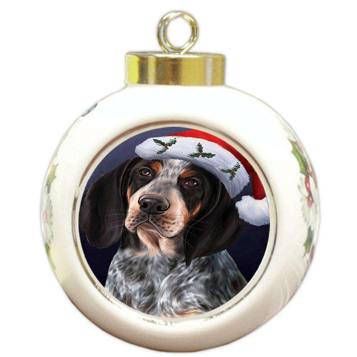 Christmas Bluetick Coonhound Dog Holiday Portrait with Santa Hat Round Ball Ornament