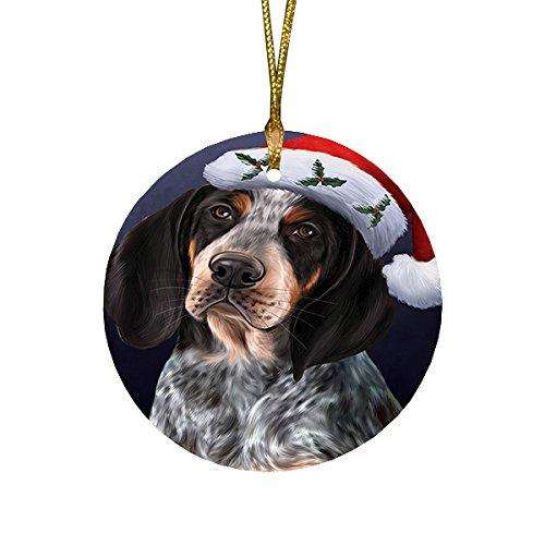 Christmas Bluetick Coonhound Dog Holiday Portrait with Santa Hat Round Ornament