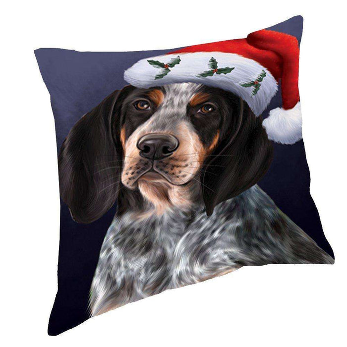 Christmas Bluetick Coonhound Dog Holiday Portrait with Santa Hat Throw Pillow