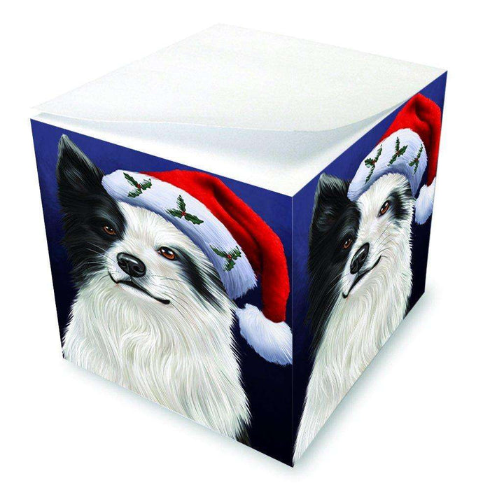 Christmas Border Collies Dog Holiday Portrait with Santa Hat Note Cube D018