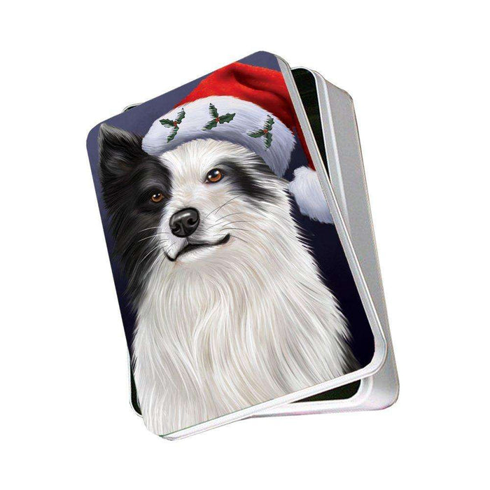 Christmas Border Collies Dog Holiday Portrait with Santa Hat Photo Storage Tin